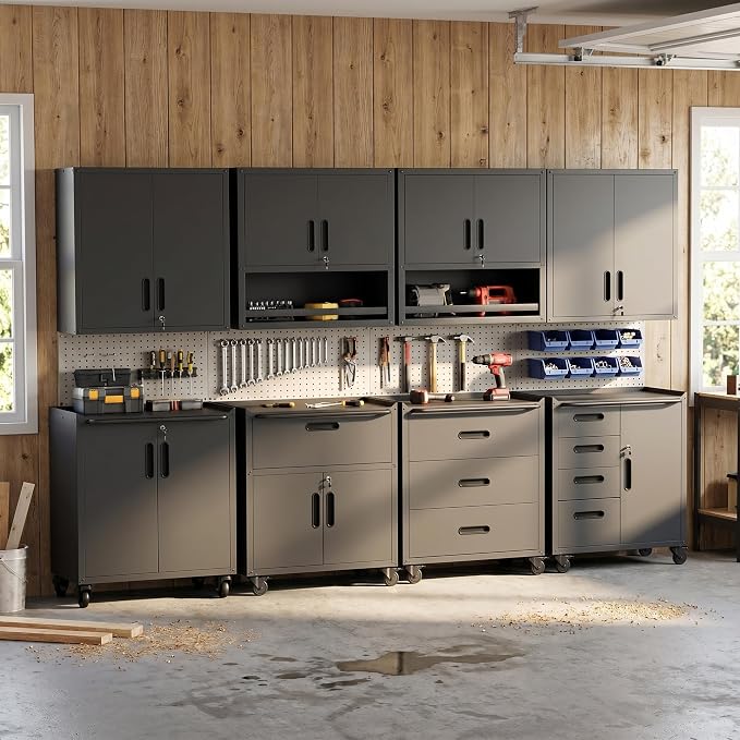 Garage Storage Cabinet System,Wall Cabinet & Locking Rolling Tool Cabinet with Doors and Adjustable Shelves