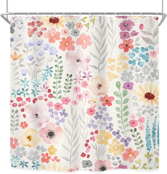 Pink Floral Flower Cute Summer Kids Girls Bathroom Shower Curtain Set | 72"W x 72"H Girly Wildflower Spring; water-repellent HD print, quick-dry fabric with 12 hooks for easy hanging.