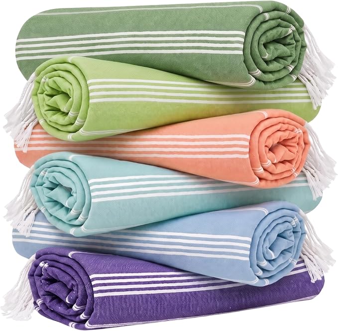 Turkish Beach Towel Set of 6 Oversized 72x40 100% Turkish Cotton | Soft Hammam Peshtemal, Sand Free, Quick-Dry, Absorbent Bath Towel | Lightweight & Compact for Travel, Pool, Gym, Spa - Summer