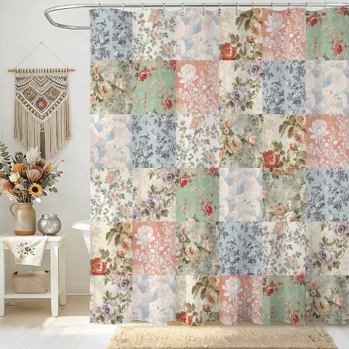 Shower Curtains for Bathroom, Boho Shower Curtain, Vintage Boho Pink Floral Bathroom Decor Bath Curtain, Mid Century Waterproof Retro Farmhouse Patchwork Floral Shower Curtain, 72 X 72 Inches