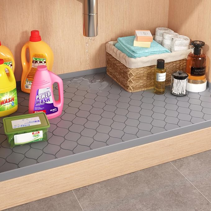 Winisok Waterproof Under Sink Mat 25" x 19", Silicone Mat, Beige | Raised Edge Traps Spills & Leaks, Shelf Liner, Cabinet Protector, for Kitchen, Bathroom, Boots, Pets, Home Essentials