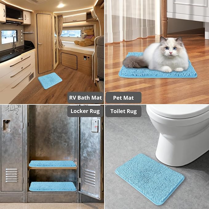 Small Bathroom Rug 12"x18" – Washable and Absorbent Bath Mat, Non Slip, Thick Soft Chenille Bath Rugs for Bathroom, Shower, Sink, Dog mat(Sky Blue)