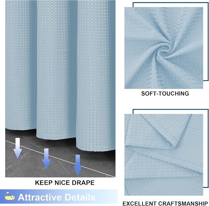 Waffle Shower Curtain Set for Bathroom, Textured Heavy Duty Fabric Bath Curtains, Luxury Hotel Weighted 230GSM Bathroom Decor with 12 Plastic Hooks, Machine Washable, 72Wx72L, Glacier Blue