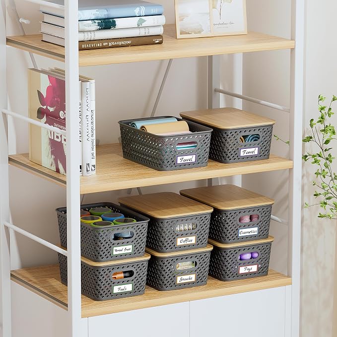 Anysig 8 Pack Plastic Storage Bins with Bamboo Lids, 5.2 QT Stackable Bins | Decorative Small Storage Basket Containers for Organizing Shelves Office Classroom Desktop Closet, Grey