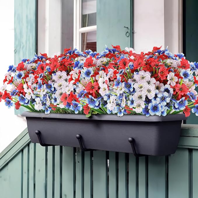 AGIRL Artificial Flowers Outdoor Fake Plants for 4th of July Garden Decor | 24 Bundles,Red White Blue,No Fade Plastic Faux Flowers,Memorial Day Independence Day Patriotic Grave Cemetery Decor