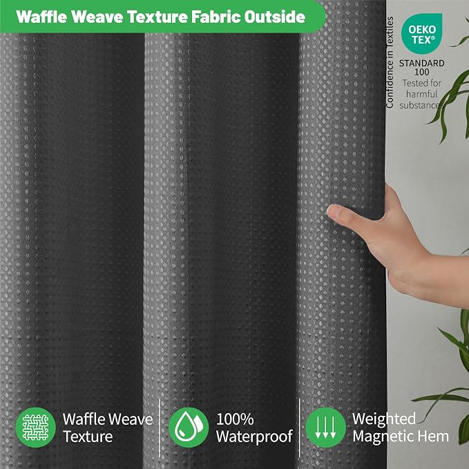 No Hook long Waffle Shower Curtain, No Liner Needed,71x86 In, Charcoal Grey | 100% waterproof TPU-laminated backing, magnetic weighted hem, machine washable, shower curtain set for bathroom or hotel use