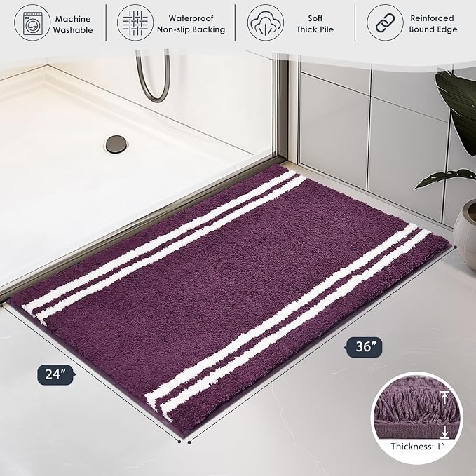 PURRUGS Bathroom Rug, Bath Mat, 24" x 36", Purple | Machine Washable, Non-Slip, Waterproof TPR Backing, Super Absorbent, Quick Dry, Bath Rug for Shower, Bathtub, and Sink