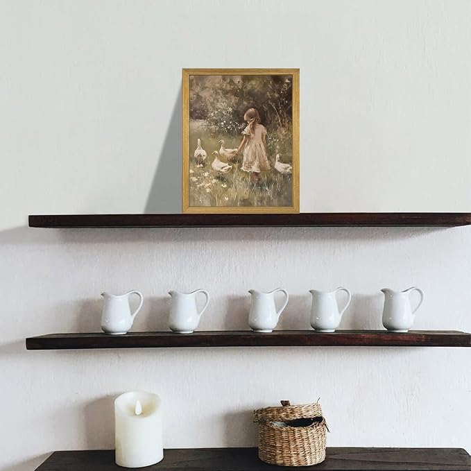 Wood Framed Canvas Wall Art, Vintage Girl with Ducks Painting Poster, Countryside Pastoral Landscape Print Picture, Rustic Farmhouse Wall Decor for Living Room Bedroom Nursery 8x10 inch