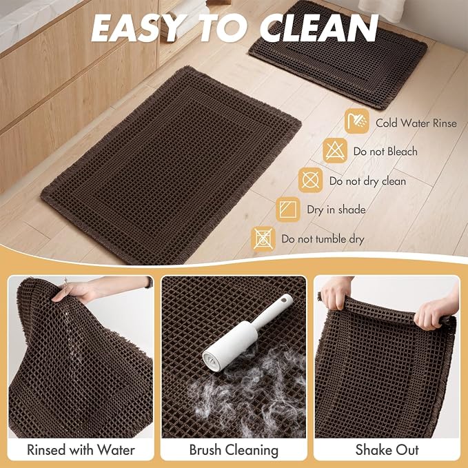 MIULEE Set of 2 Waffle Bathroom Rugs Chocolate Boho Bath Mat 24x36 in | Looped Design, Super Absorbent, Non Slip, Washable, Ultra Soft, Rubber Backed, Bathroom Mats for Floor Tub Shower