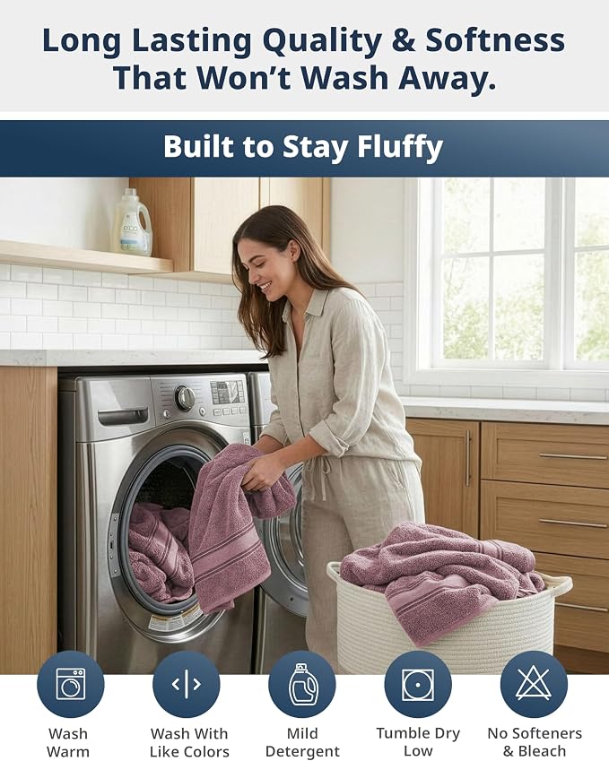 LANE LINEN 100% Cotton Large Bath Towels Set of 4 (28"x54") - Zero Twist, Mercerized Cotton Bathroom Towel 4 Pack - Quick Dry, Soft & Absorbent Large Towels Set - Oeko Tex Certified - Wishful Mauve | Pack Of Towels - Dobby Border Accent, OEKO-TEX Certi...