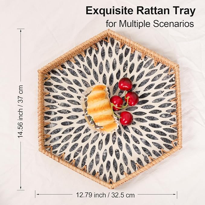 Hexagon Rattan Tray with Mother of Pearl Inlay, Rattan Serving Tray for Coffee, Bread, Fruits, Snacks, Decorative Wicker Tray for Table Decor, Home Decor (Black Leaves, 14.5"×12.8")