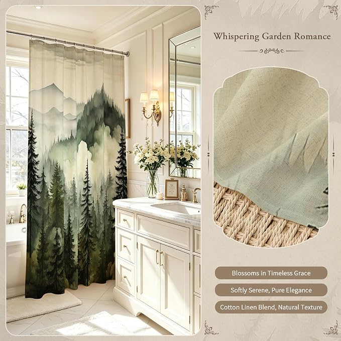 Litabel Dark Green Linen Misty Pine Forest Shower Curtain, Mountain Foggy Woodland Cotton Shower Curtains for Chic Rustic Bathroom, Abstract Modern Waterproof Nature-Themed Decor, 72 x 72