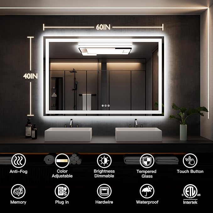 ISKM 60x40 LED Mirror for Bathroom, Front and Back Lit, Anti-Fog, Dimmable | Memory Function,ETL,3 Color Temps 3000K-6000K,IP65 Waterproof ,Tempered Glass, Plug in or Hardwired, for Makeup & Shaving
