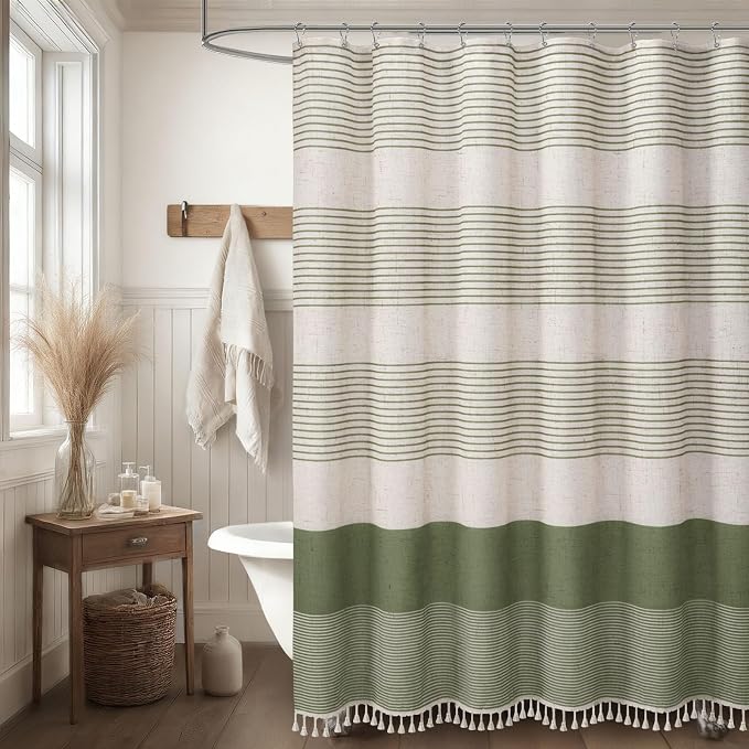 Sage Green Boho Linen Striped Shower Curtain with Tassel 72"W X 72"L | Boho Farmhouse Shower Curtains with Linen Texture for Bathroom Decor