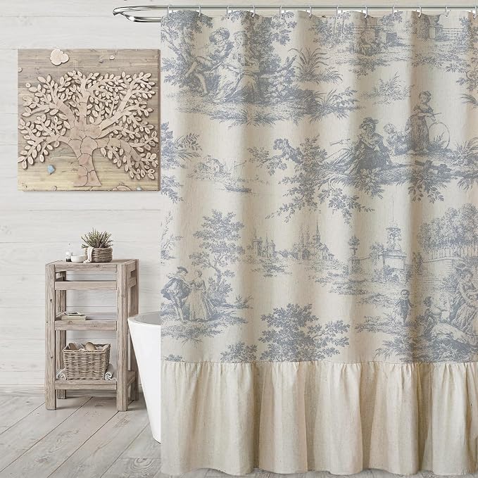 MUGINYU Ruffle Linen Shower Curtain with Blue and White Toile de Jouy for Vintage French Country Bathroom Decor Shabby Chic Chateau Toile Pattern 72x72 Inches