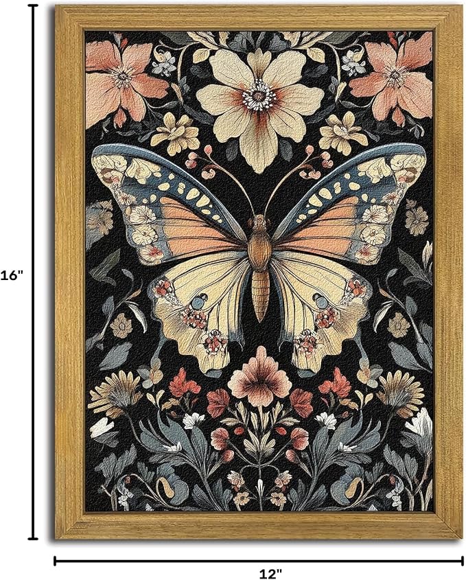 Hand Drawn Sandstone Nature Floral Wall Art, Framed Vintage 3D Textured Butterfly Wall Decor, Gothic Style Flower Insect Print Painting for Living Room Bedroom Home Decor 12x16 inch
