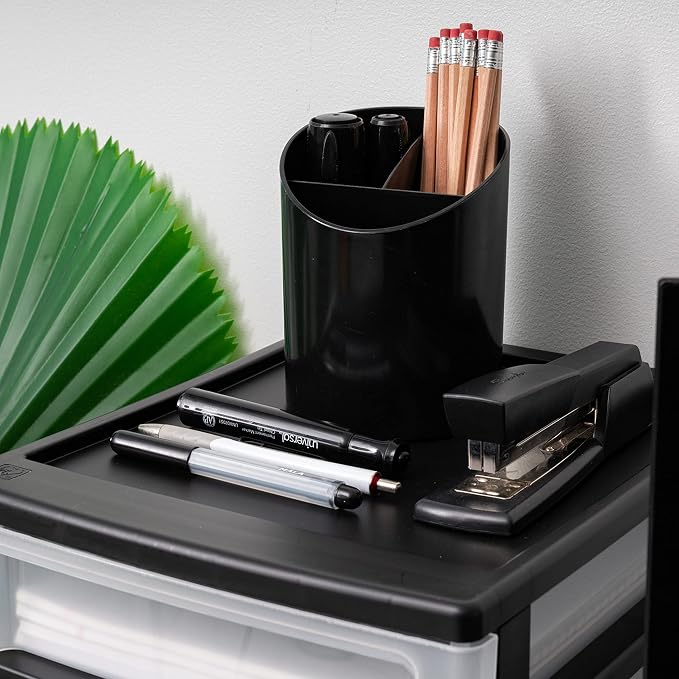 IRIS USA 3-Drawer Medium Plastic Stacking Desktop Organizer, Black | Keep dorm desks organized with drawers for school supplies, makeup, snacks, chargers and everyday college essentials