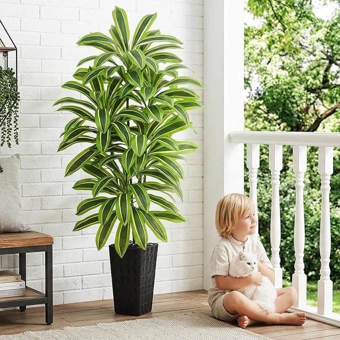 Artificial Yellow Dracaena Tree Indoor, 6FT Tall Fake Floor Plants with Black Planter & Pebbles, Faux Silk Yucca Tree for Home Office Living Room Bedroom Farmhouse Modern Outdoor Topiary Tree