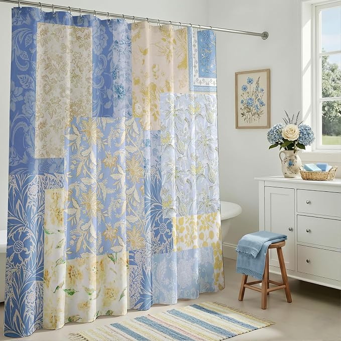 Mocsicka Blue Vintage Boho Shower Curtain Retro Floral Shower Curtain Boho Floral Bathroom Decor Waterproof Mid Century Farmhouse Flowers Patchwork Bath Curtain 72 X 72 Inch