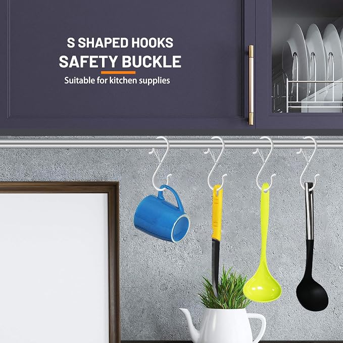 12 Pack 5 Inch S Hooks for Hanging, Heavy Duty S Hooks with Safety Buckle | Metal S Shaped Hanger Hooks for Hanging Kitchen Utensil, Cups Pots Pan Closet Plants Purse Bags Hats (White)
