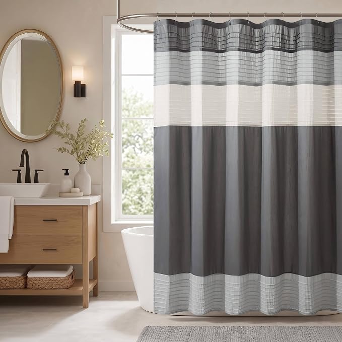 Madison Park Amherst 72 x 72 Bathroom Shower Curtain, Faux Silk, Grey | Modern Classic, Light Sheen, Pieced, Striped, Microfiber, Machine Washable, OEKO-TEX Certified, Amherst