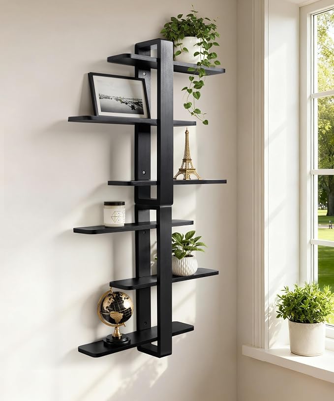 SUMGAR Black Floating Shelves for Wall, 3 Tier Adjustable Large Shelf Unit | 20 Inch All Pine Wood, Decorative Shleving, Plants Photos Display, for Living Room, Bedroom, Office, Bathroom
