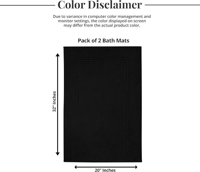2 Piece Bath Mats 20 x 32 Inches, Black | 100% Cotton Terry Bath Mats, Super Absorbent, Hotel Quality Premium Floor Towels, Luxurious, Soft & Quick Dry