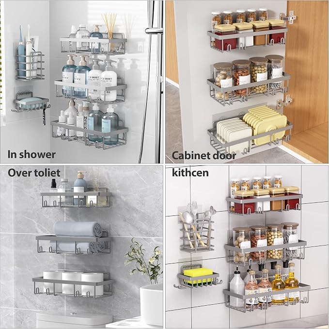 Liuoud 5 Pack Shower Caddy for Inside shower, Grey Bathroom Storage Decor | Large Rustproof Stainless Steel Organizer with Strong Adhesive, No Drilling Wall Mounted Shelves, Bathroom Accessory Set