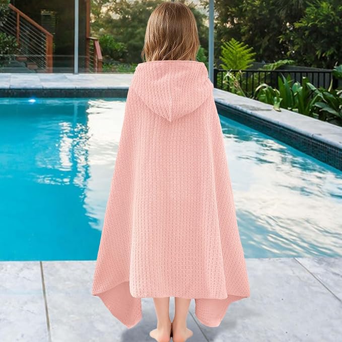VOOVA & MOVAS Kids Hooded Towel, 6-10 Years, 100% Cotton,Pink Waffle | Gentle Waffle Texture, Heavy Cotton Fabric, Ideal for Kids Bath and Seaside Vacation