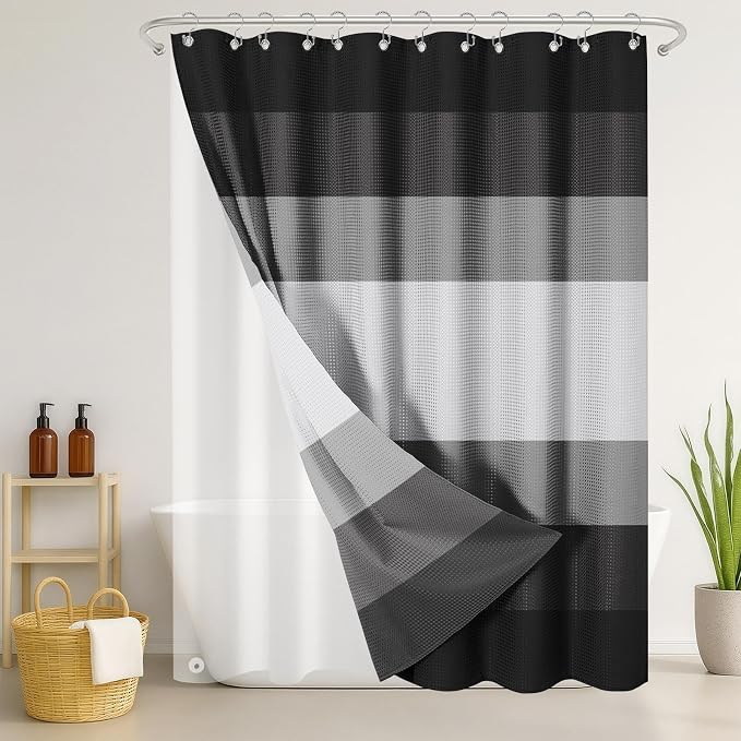 3 in 1 Shower Curtain and Liner,72 x 72 inch, Striped Grey | Black White Shower Curtain and PEVA Liner Set with 12 Rust-Resistant Metal Hooks, Waterproof Fabric Curtains for Bathroom