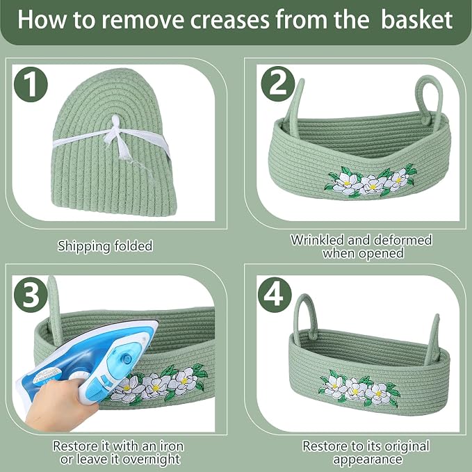 Vesici Magnolia Woven Storage Basket for Toilet Tank Top Boho Cotton Rope Bathroom Countertop Organizer Basket with Handle Green Bathroom Decor for Bedroom Nursery Toys Organizing, 13 x 6 x 4 Inch
