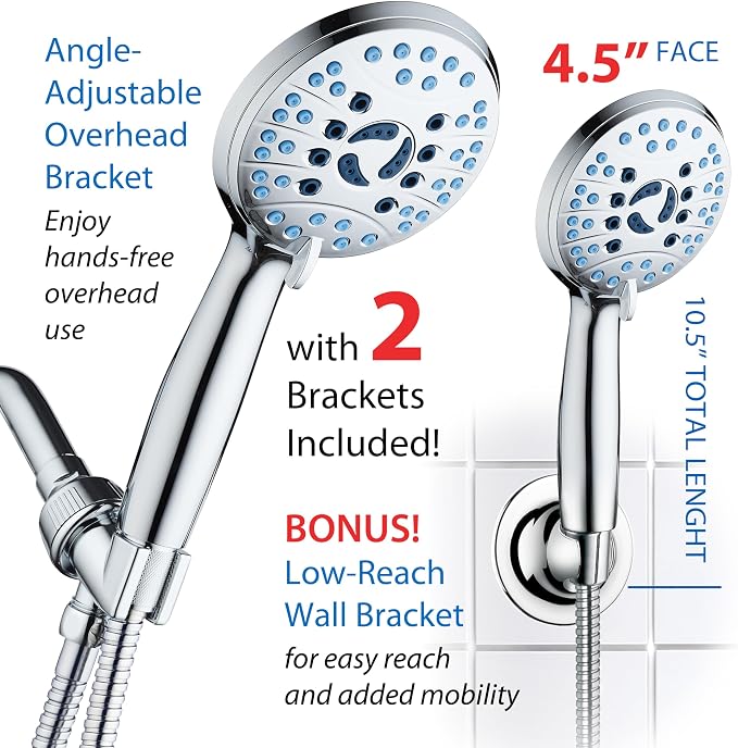 AquaCare 8-mode High Pressure Handheld Shower Head with 2-mode Power Wash | Stay Clean Nozzles, Dual Power Wash for Tub, Tile & Pets, Long 6 ft. Stainless Steel Hose, Wall & Overhead Brackets / Chrome