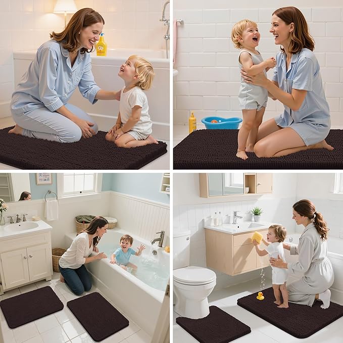 Arotive Bathroom Toilet Rugs Chenille U Shaped 24x24, Brown | Extra Soft Absorbent Shaggy Chenille Contour Bath Rugs for Toilet, Machine Washable Rubber Backing Contoured Bath Mats