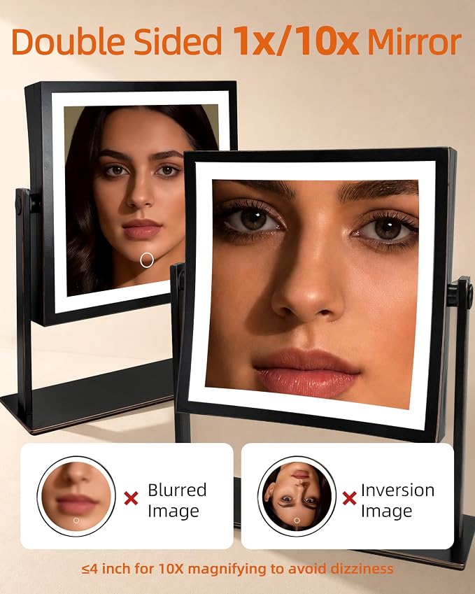 Ruacq Vanity Mirror with Lights, Dual Sided 1X/10X, Oil Rubbed Bronze | 8",4000mAh Rechargeable, Magnifying Mirror with 3 Color Lights,Touch Control Dimmable, 360° Rotation, Square, Gift for Women