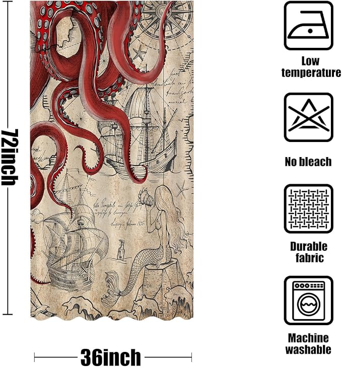 Fungarth Stall Vintage Red Nautical Octopus Shower Curtain Mermaid Funny Ocean Kraken Shower Curtains for Bathroom Cool Anchor Coastal Map Waterproof Fabric Bath Curtain Decor (Retro1, 36” x 72”)