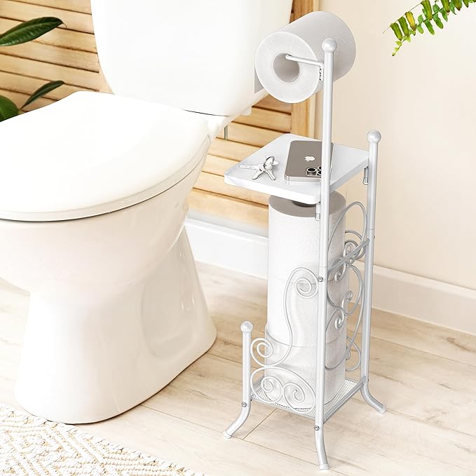 Simple Houseware English Style Toilet Paper Stand Holder w/Woodtop, White | 4 Paper Rolls, 8.5" x 8.75" x 29.2"