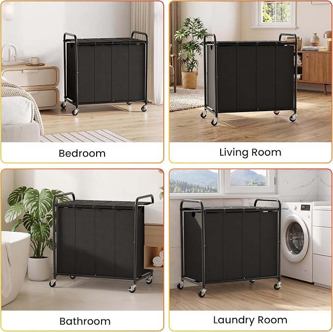 Laundry Sorter 4 Sections 48 Gal, Rolling Laundry Basket with Wheels & Lid | Laundry Hamper, 4 Separated Removable Bags, Lockable Wheels, Dirty Clothes Hamper for Laundry Room Organizer, Black