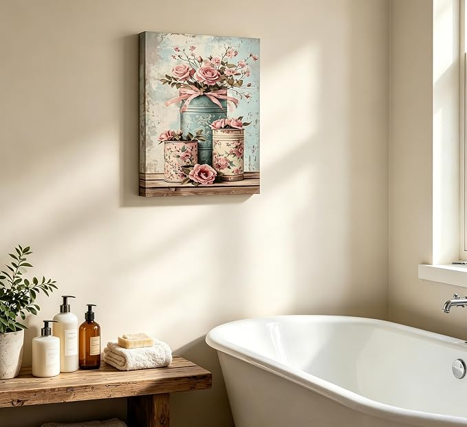 XcwDt is Pink Rose Canvas Wall Art,Vintage Bathroom Canned Flower Painting Print,Rustic Farmhouses Flower Wall Decor, for Living Room Bedroom Bathroom Home Decoration 12 x 16 In