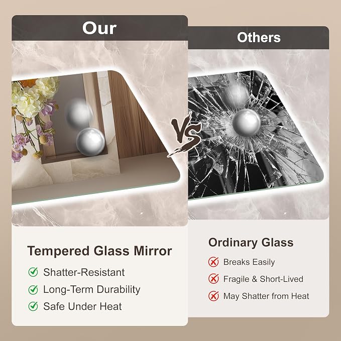 30''x40'' Lighted Mirrors for Bathroom Wall Backlit Rectangular LED Bathroom Mirror Frameless with Anti Fog, Dimmable, 3 Colors,Tempered Glass, Shatter-Proof