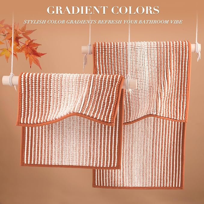 Bathroom Rugs and Mats Sets, 2 Piece Thick Absorbent Chenille Bath Mat Rug Set Non Slip, Soft Bath Room Floor Mats for Bathroom, Machine Washable (20" x 47" Plus 16" x 24",Light Orange)
