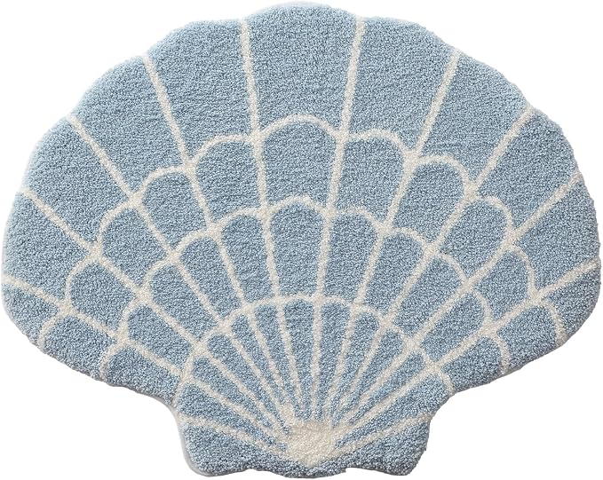 DEXI Cute Seashell Bath Mat, Coastal Scallop Bathroom Rug, 38x30 Blue | Soft and Absorbent Microfiber, Non Slip, Machine Washable Bathmat for Shower Floor, Bedroom, Kids Room, Home Decor