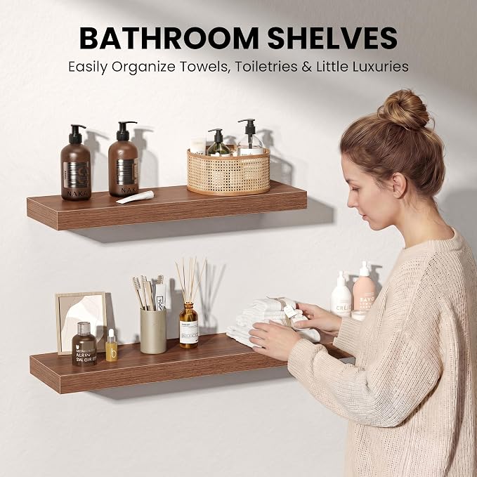 Fun Memories 72 Inch Floating Shelves for Wall 8 Inch Deep Walnut Shelves Set of 2, Wall Mounted Rustic Wood Long Floating Shelf, Large Display & Storage Shelf with Invisible Brackets