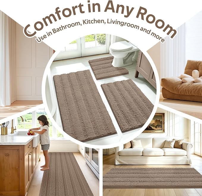 Striped Dark Beige Toilet Bathroom Rug Mat Set 2 piece Rug Ultra Soft, Non Slip Chenille Bath Rugs, Absorbent Plush Shaggy Bath Mats for Bathroom, Bedroom, Kitchen, Shower, Tub,Taupe
