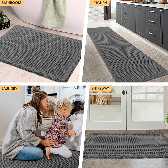 Waffle Bath Mat Set 2 Piece Grey, Woven Modern Bath Rug Mats, Absorbent Non Slip Bath Floor Mat, Soft Washable Boho Bath Rugs with Tassels for Bathroom, Bedroom, Kitchen,Tub