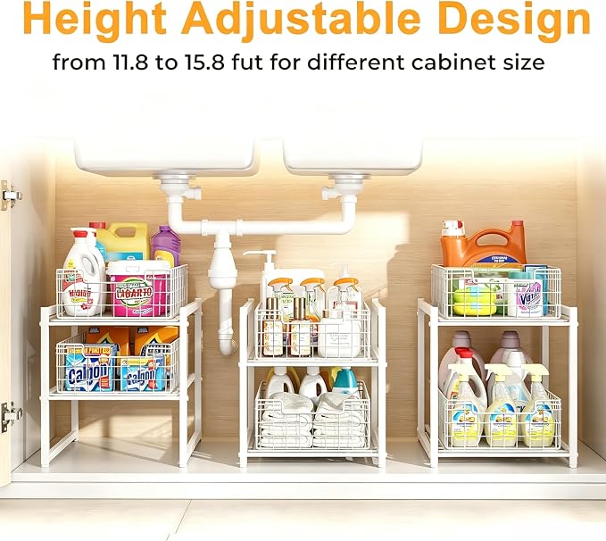 Under Sink Organizer, 2-Tier Pull Out Cabinet Organizer, Kitchen Bathroom Organizer and Storage, Spice Rack for Kitchen, Multi-use Sliding Drawers Shelves (1, white)