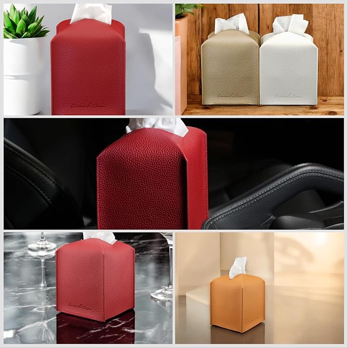 Premium PU Leather Tissue Box Holder - Elegant Hotel-Style Tissue Box Cover for Home, Office & Car Décor, Tissues Cube Organizer for a Natural & Classic Look (Crimson-Red)