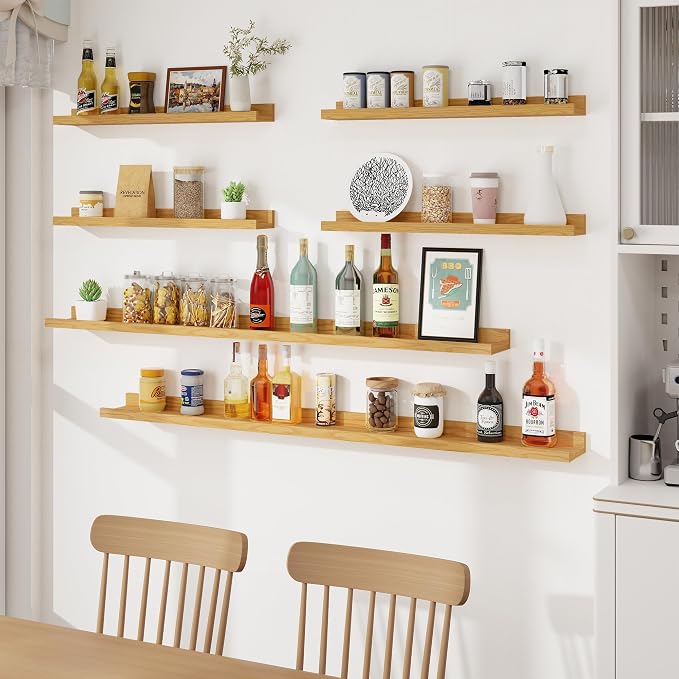 Picture Ledge Shelf, Floating Shelves for Decor Storage Set of 6, 36 inch Floating Wall Mounted Shelves, Wall Shelves with Lip for Living Room, Bedroom, Nursery, Bathroom, Kitchen, Oak