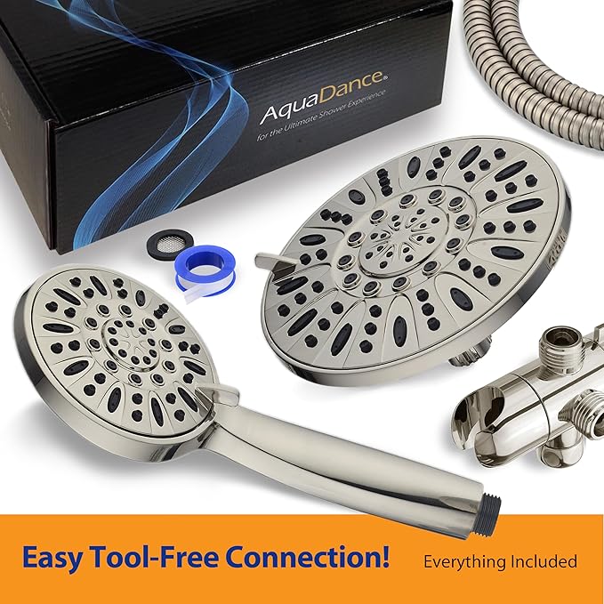 AquaDance 7" Premium High Pressure 3-way Rain & Handheld Shower Head Combo | Enjoy Dual 6-Setting Luxury Shower Heads Separately or Together for the Best of Both Worlds! Stainless Steel Hose - Nickel