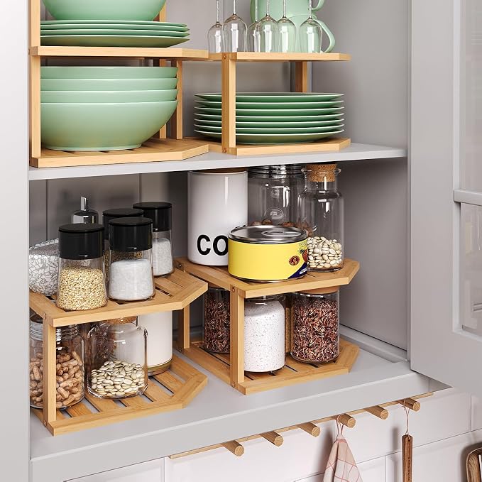 VERTORGAN 2 Tier Bamboo Corner Shelf 3 Pack Plate Organizer Kitchen | Pantry Storage,Dish Rack,Spice Rack,Corner Organizer,Kitchen Counter Shelves,Kitchen Storage,Holds Plates