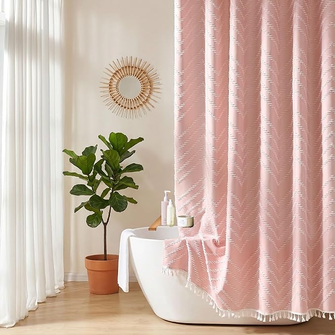 Siiluminisoy Pink Shower Curtain with Tassel Woven Fabric Boho Shower Curtain Cute Farmhouse Textured Tufted Chevron Striped 72 x 72 Bathroom Shower Curtain